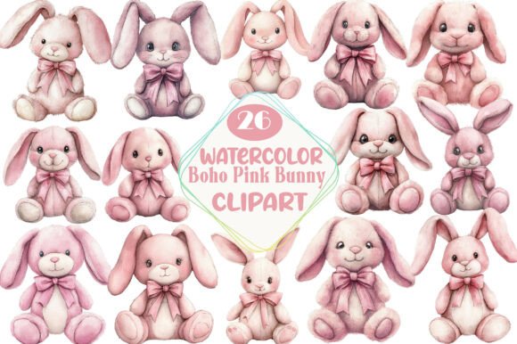Watercolor Boho Pink Bunny Clipart