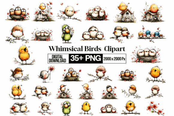 Whimsical Cute Birds Clipart